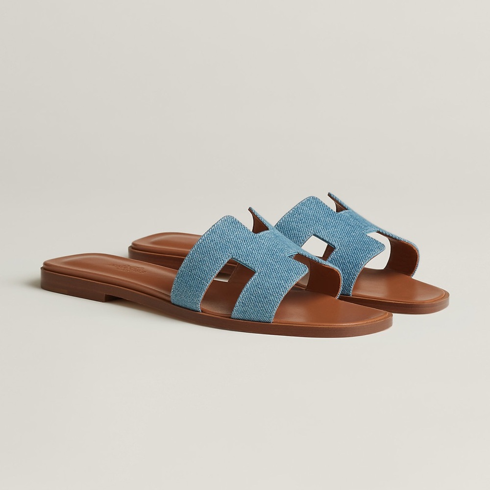 Hermes Oran Denim Bleu Brut Leather H Sandals
